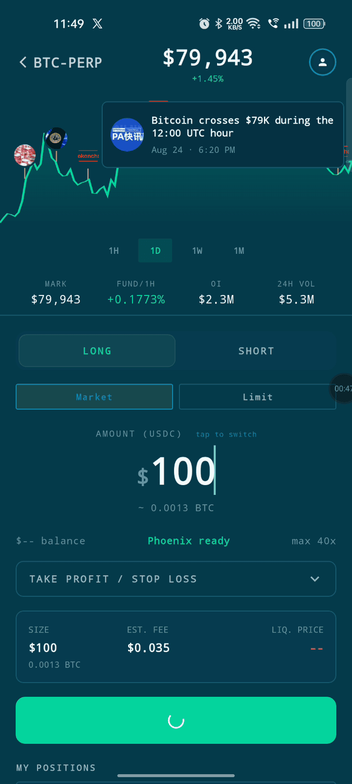 myboon BTC perpetual market and order entry screen