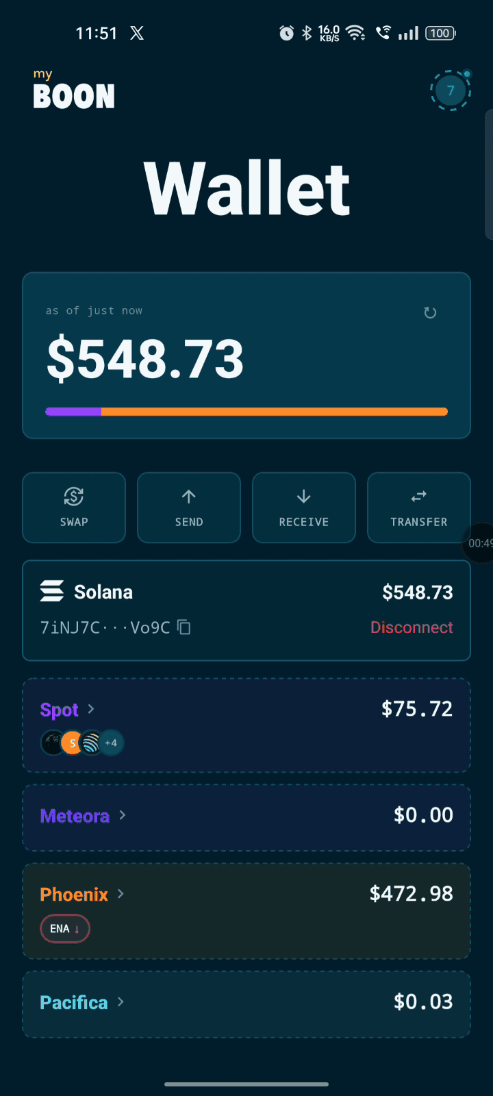 myboon wallet showing assets and positions across venues